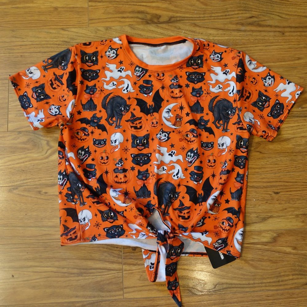 Blackmilk Trick Or Treat Retro Halloween Print Tie Front Tee